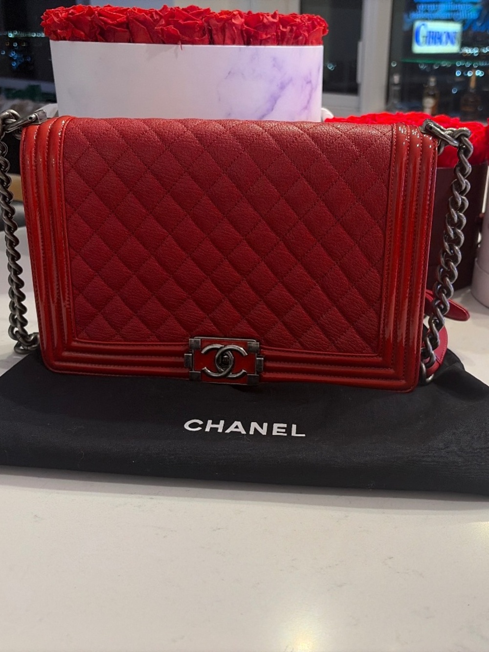 Chanel Goatskin Quilted Patent Medium Duo Boy Flap Red